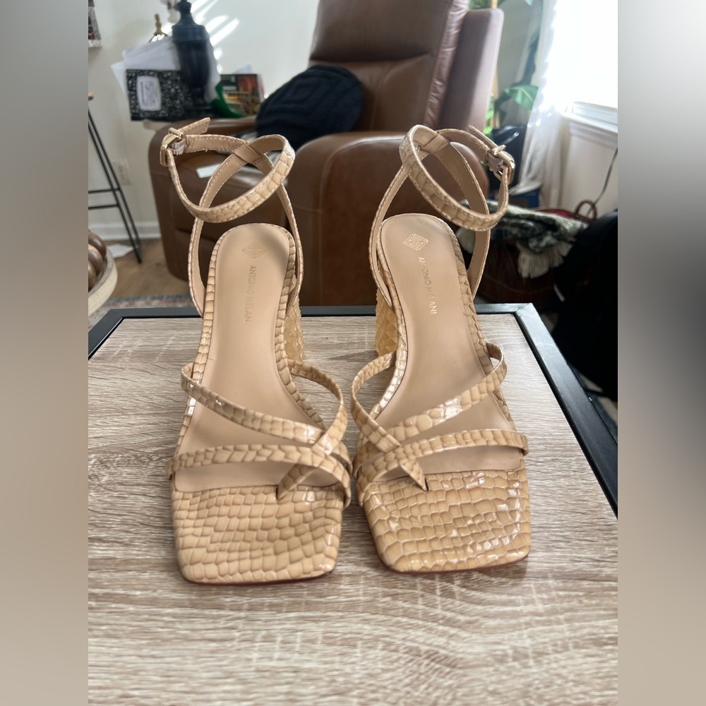 Antonio Melani Katona Snake Print Clear Heel Ankle Strap Block Heels